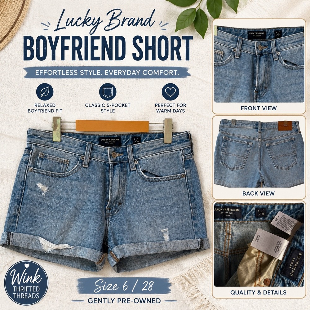 Lucky Brand Boyfriend Short Womens 6/28 Blue Denim Distressed Cuffed Mid Rise
